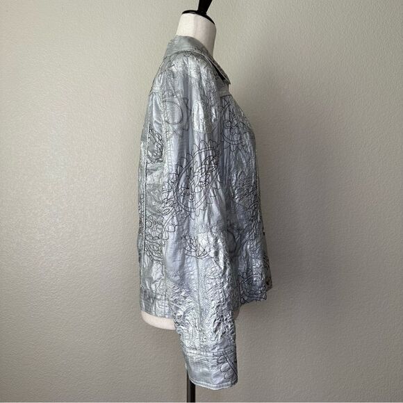 Chico’s Silver Metallic Embroidered Button Down Shacket Jacket - Picture 6 of 13